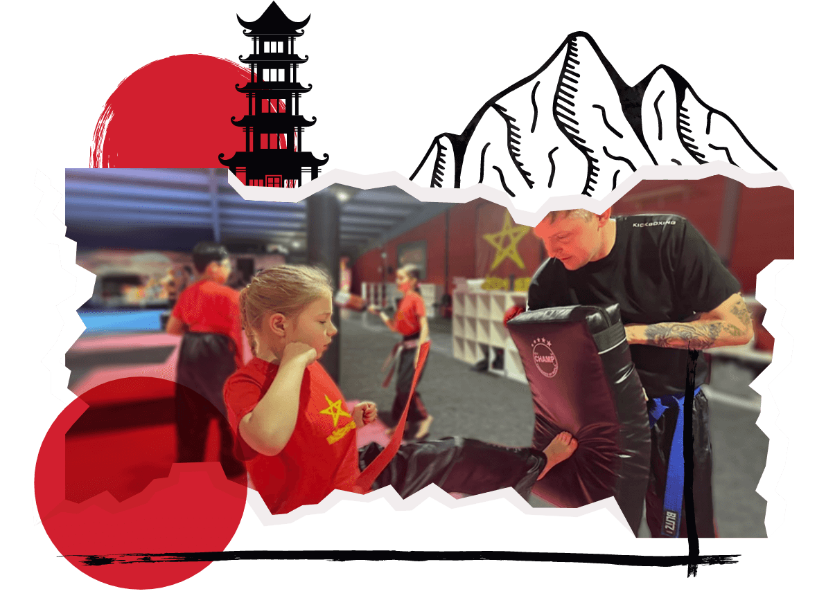 A young student punching a punch bag