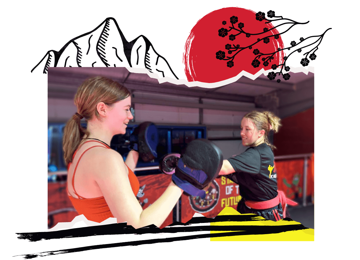 A teenager holding padded gloves sparring with another teenager